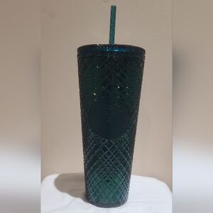 Starbucks Winter Holiday Emerald Green Jeweled Plastic Tumbler Cold Cup 24oz